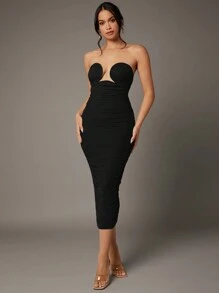 Silquee Robe Moulante Mini Sans Bretelles À Volants De Couleur Unie - Noir - Voir 7