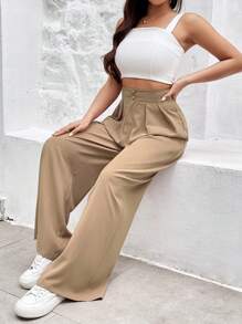 SHEIN Frenchy Women's Solid Color Pleated Trousers Summer Casual - Camel - View 5