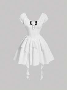 SHEIN MOD 女士無袖連衣裙,裝飾有3d花朵和褶邊 - 白色 - 查看 1