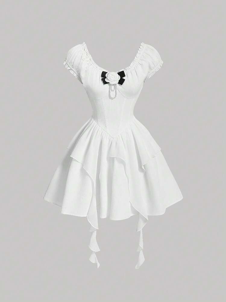 Women's Sleeveless Dress Decorated With 3d Flowers And Frills