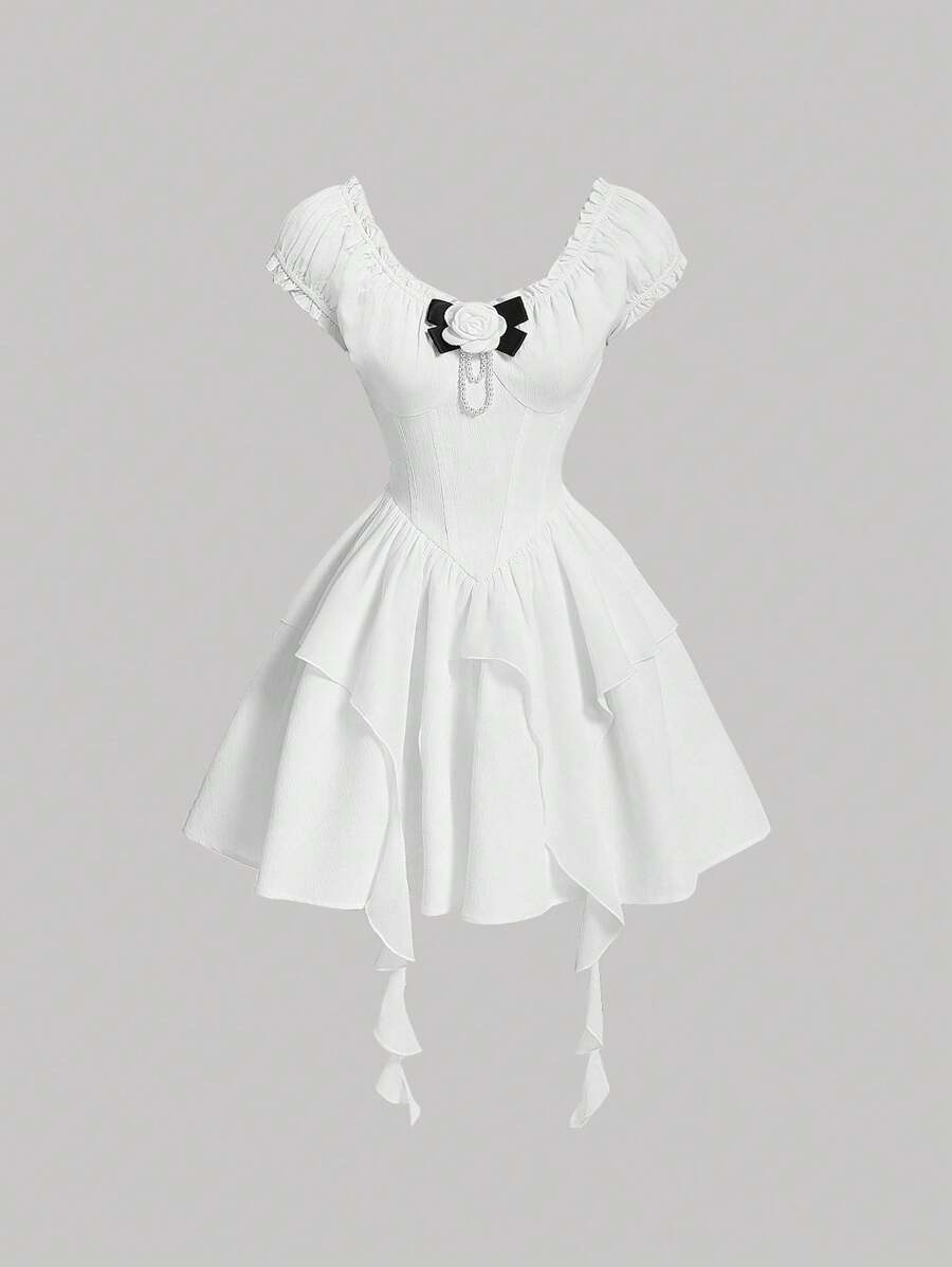 SHEIN MOD 女士無袖連衣裙,裝飾有3d花朵和褶邊 - 白色 - 查看 1