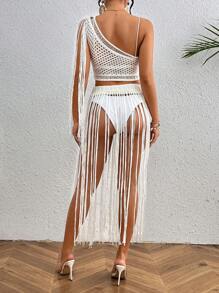 Swim EVENT 1 件女式流苏装饰短款单肩上衣和 1 件流苏下摆罩衫套装夏季 - 米色 - 查看 8