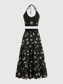 ROMWE Fairycore Plus Size Summer Fashion Sun, Moon, Stars Printed Halter Top With Open Back And Ankle-Length Skirt Two-Piece Outfit