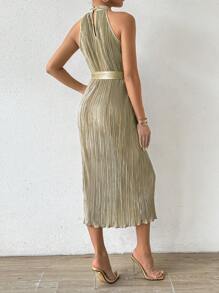 Chiquease Đầm Maxi Cổ Halter Thắt Lưng Xếp Ly Màu Trơn Cho Nữ Trang Phục - Màu Khaki - Xem 2