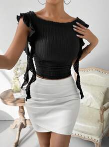 Zolique 純色荷葉邊修身短款t恤 - 黑色 - 查看 1