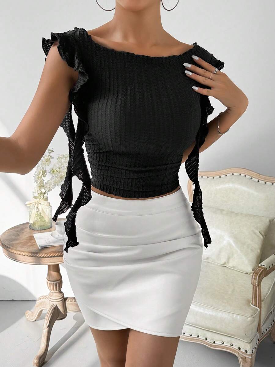 Zolique 純色荷葉邊修身短款t恤 - 黑色 - 查看 1