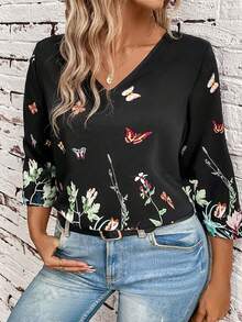 EMERY ROSE 加大尺碼女士蝴蝶和花卉印花v領襯衫 - 黑色 - 查看 3