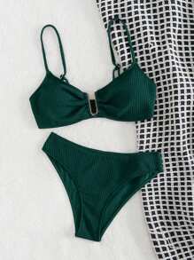 SHEIN Swim Ensemble Bikini Col En V Tricoté Côtelé Avec Détail Découpé, Festival De Musique - Vert sapin - Voir 4