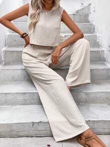 SHEIN Frenchy Ladies' Sleeveless Vest & Textured Pants Combo With Back Button Detail Apricot Two Pieces Set Summer Casual - Apricot - View 4