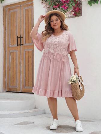 大尺碼女裝蕾絲拼接短袖荷葉邊連衣裙