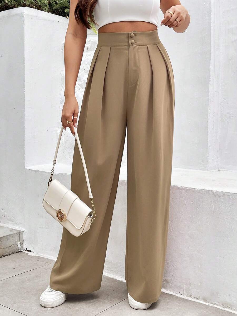 SHEIN Frenchy Women's Solid Color Pleated Trousers Summer Casual - Camel - View 1
