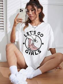 SHEIN EZwear Của phụ nữ Ngôi sao In Vòng cổ Áo thun Với Slogan - trắng - Xem 7