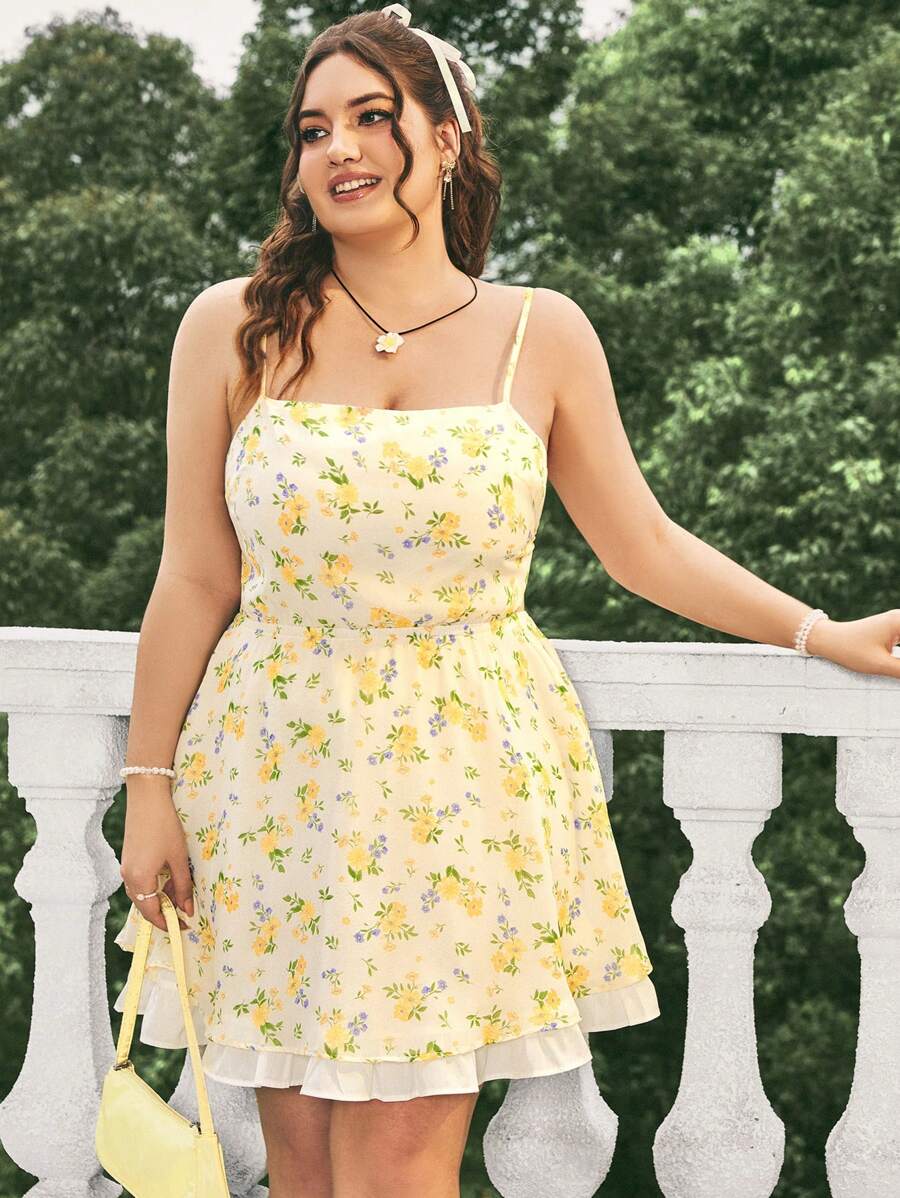 Dreamara Multicolor Romantic Chiffon Floral Print Plus Size Women's Holiday Spaghetti Strap Dress - Multicolor - View 1