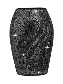SHEIN BAE Plus Size Women's Sparkling Sequin Skirt - Black - View 1