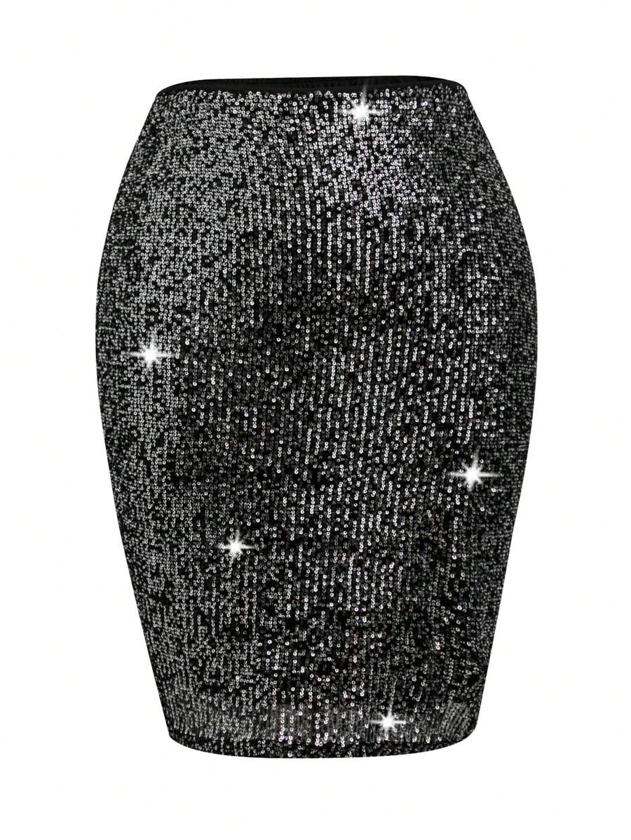 SHEIN BAE Plus Size Women's Sparkling Sequin Skirt - Black - View 1
