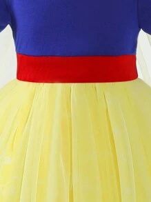 SHEIN Glamorique Kids Young Girl Colorblock Mesh Princess Dress With Bubble Sleeves Summer Holiday