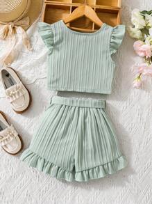 SHEIN Vintaside Kids Young Girl Textured Fabric Fashionable Short Sleeve Top With Ruffle Trim & Waist Belt Shorts Set Suitable For Summer