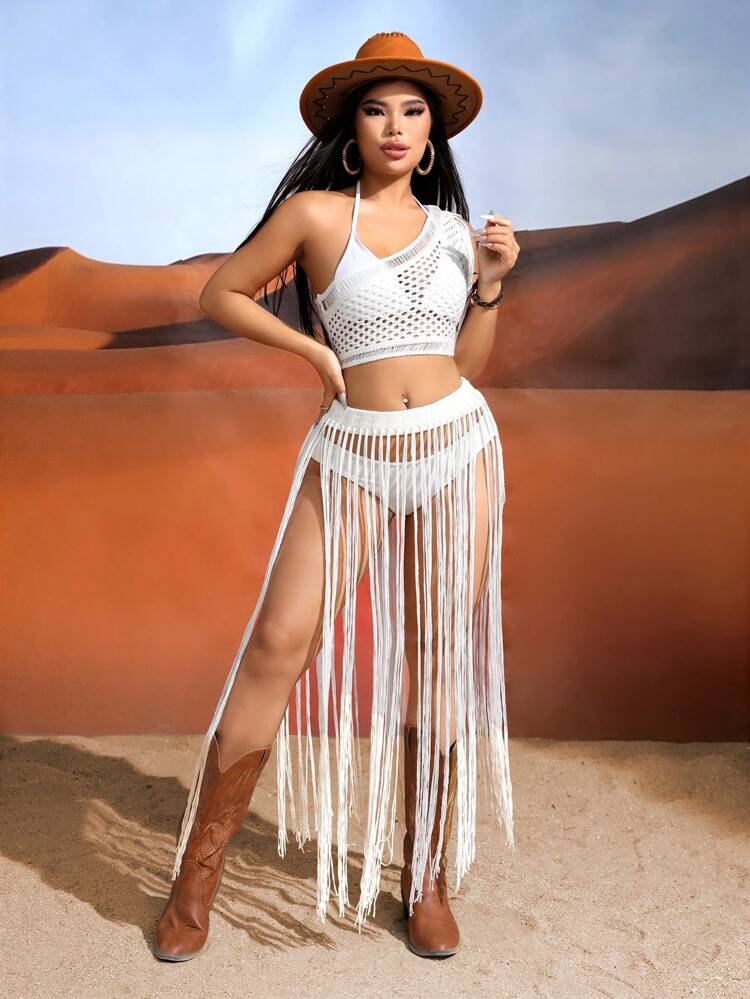1pc Women's Tassel Trimmed Cropped One Shoulder Top And 1pc Tassel Hem Cover Up Skirt Set Summer