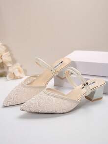 Women's High-Heeled Shoes: 5cm Chunky Heels, Comfortable Pointed-Toe Sandals, Mesh Breathable Dual-Purpose Shoes - Beige - View 4