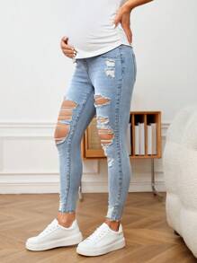 SHEIN Maternity Adjustable Elastic Waist Ripped Skinny Jeans - Light Wash - View 7