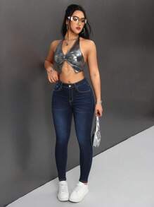 SHEIN PETITE Slim Fit Casual Jeans - Dark Wash - View 4