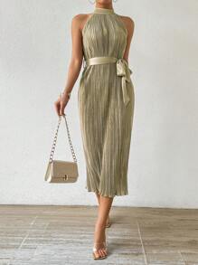 Chiquease Đầm Maxi Cổ Halter Thắt Lưng Xếp Ly Màu Trơn Cho Nữ Trang Phục - Màu Khaki - Xem 1
