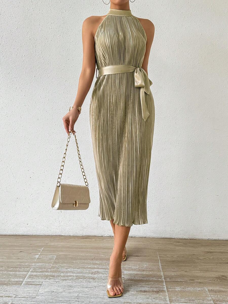 Chiquease Đầm Maxi Cổ Halter Thắt Lưng Xếp Ly Màu Trơn Cho Nữ Trang Phục - Màu Khaki - Xem 1
