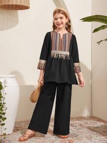 SHEIN 少女寬鬆可愛幾何印花閃亮流蘇飾邊上衣和直筒長褲