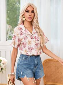 GENKIRA Women's Short Sleeve Shirt With Random Prints And Lapel Collar For Summer - Pink - View 3