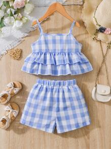 SHEIN Young Girl Countryside Style Blue & White Plaid Ruffled Strap Top With Shorts 2pcs Set Suitable For Summer - Multicolor - View 1