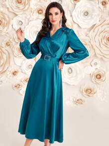 Modelyn Women's Embossed Rhinestone 3d Flower Decorated Lantern Sleeve Wrap Dress