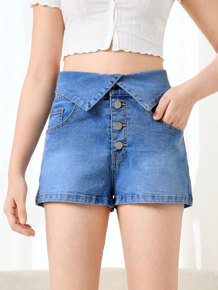 Teen Girl Foldover Waist Button Fly Denim Shorts