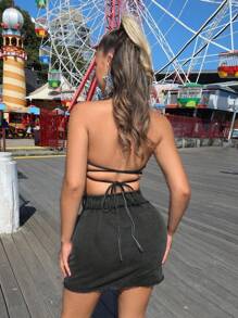 SHEIN SXY Falda Vaquera Midi Con Bolsillo De Borde Crudo Lavado, Traje De Festival Para Música Y Ropa De Mujer De Primavera Y Verano Estilo Oeste - Negro - Ver 8