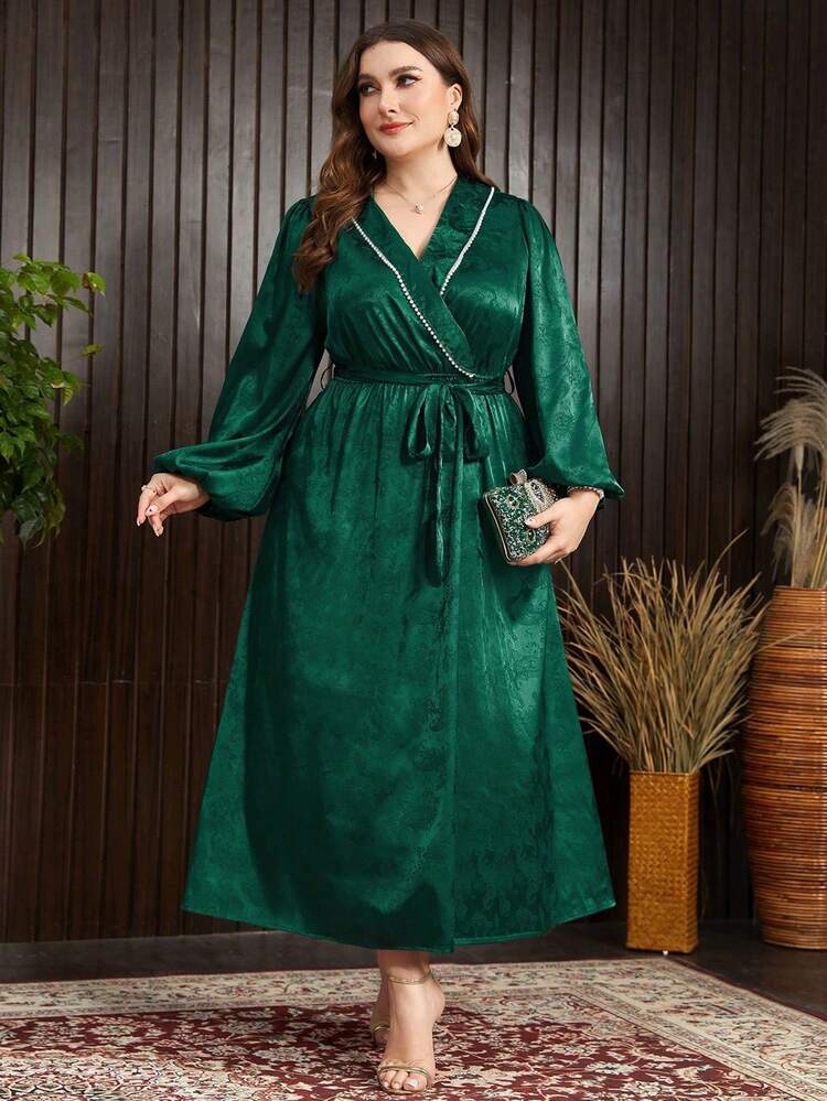 Plus Size Women's Lantern Sleeve Floral Jacquard Dress With Gathered Waist Long Evening Dresses