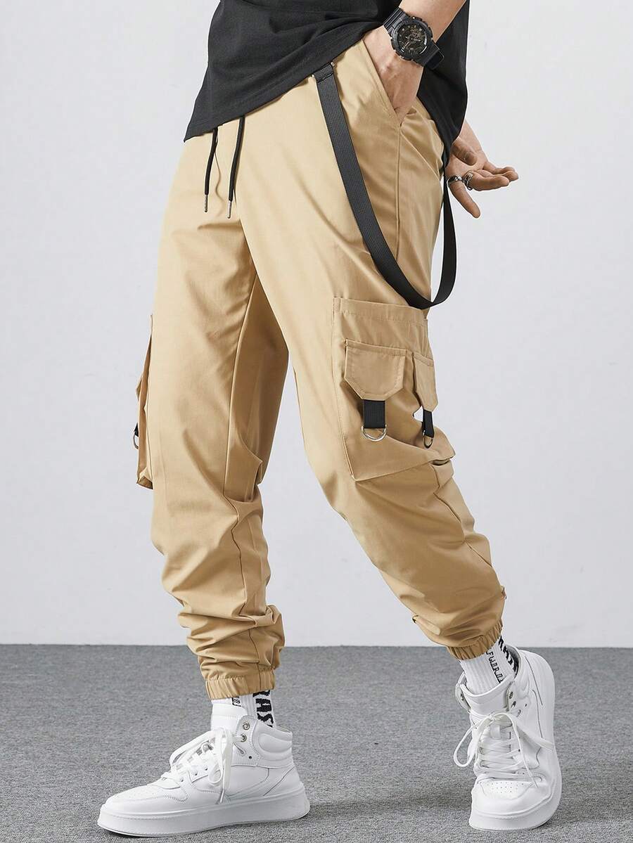 Manfinity EMRG 男士抽绳腰带口袋工装裤 卡其裤 - 卡其色 - 查看 1