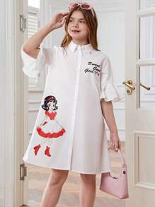 SHEIN 少女時裝鬆身白色假日裙,帶女孩印花的編織衫領 - 白色 - 查看 7