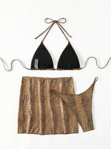 SHEIN Swim 3pcs Crocodile Print Halter Neck Bikini Set Summer Beach