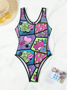 Swim EVENT 1pc Women's Letter Print Open Back Sleeveless One Piece Swimsuit, Casual Style Summer