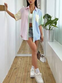 SHEIN Unity 女士短袖超大尺碼條紋拼接襯衫 - 彩色 - 查看 5