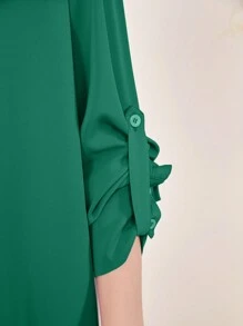 Seusyu 女式卷边纯色夹克和裤子两件套，长款简约套装 - 墨綠色 - 查看 4