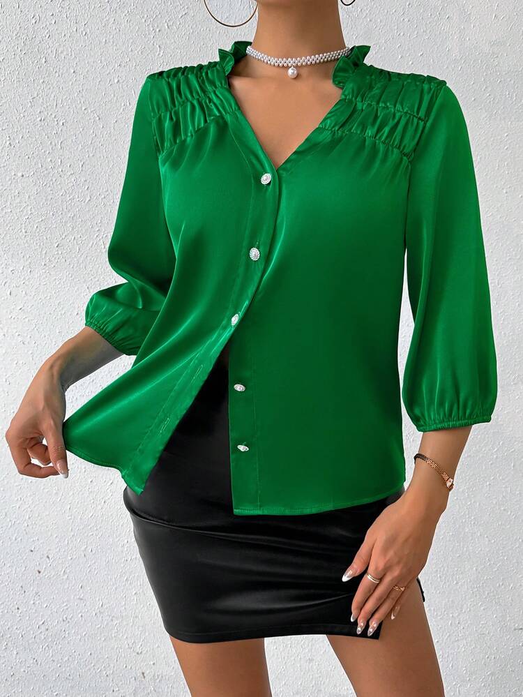 Button-Front Shirt With Elegant Frill Edging Decoration
