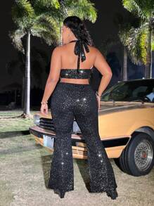 Flirla Top Halter Plus Size Prata Com Nó Na Frente E Calças Flare - Preto - Visão 2