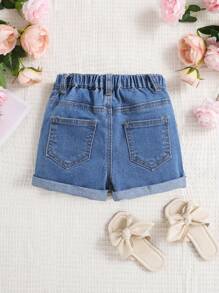 SHEIN 年轻女孩春夏波西米亚风粉色高腰松紧腰破洞牛仔裤洗水牛仔裤短裤 - 中等水洗藍 - 查看 2