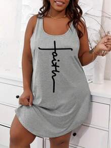 SHEIN EZwear Kích thước lớn Của phụ nữ Lá thư In Không tay Váy ba lỗ - Xám - Xem 3