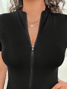 SHEIN EZwear 大尺碼純色拉鍊衣領修身連衣裙 - 黑色 - 查看 6
