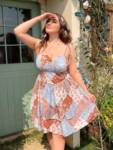 Flirla Plus Size Nữ chắp vá nhiều màu Ditsy Floral Crinkle Cami Dress - Nhiều màu - Xem 4