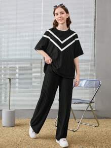 SHEIN 少女针织拼色落肩短袖 T 恤和长裤休闲两件套 - 黑色 - 查看 4