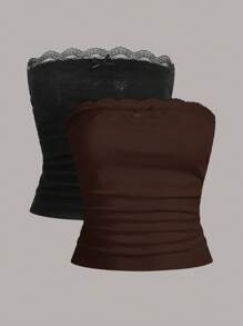 SHEIN EZwear Dệt kim Của phụ nữ Ren Quây Chặt Áo - màu nâu - Xem 1