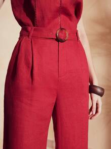 MOTF PREMIUM Nguyên chất Lanh Chất rắn Xếp nếp Khóa thắt lưng Chân bùng Quần tây - Đỏ - Xem 6