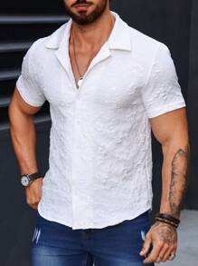 Manfinity Homme Áo sơ mi nam ngắn tay đơn có khuy Jacquard, kiểu dáng ôm vừa vặn toàn màu trắng cho chồng thường ngày - trắng - Xem 5